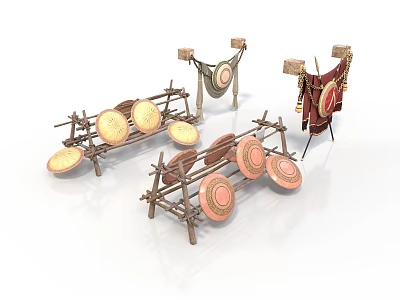 Ancient Shield Display With Wooden Frame And Circular Decorative Panels 3d model