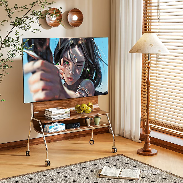 Modern Wooden TV Stand with Books Fruit Bowl and Metal Frame Wheels Near Window Blinds 3d model 