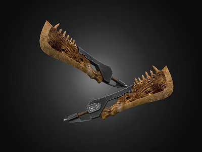 Double Serrated Weapon Blades With Rustic Wooden Handles And Metal Joints 3d model