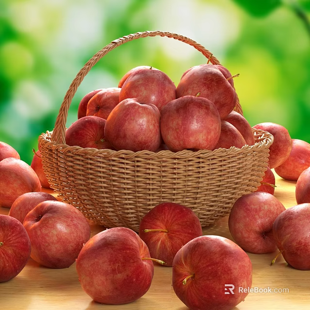 Fresh Red Apples in Wicker Basket with Scattered Apples on Wooden Table and Green Background 3d model 