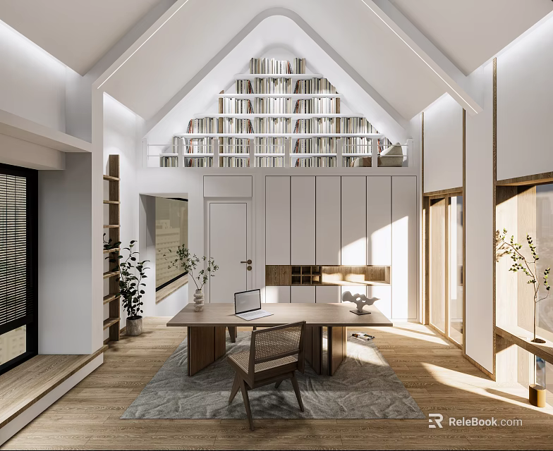 Minimalist Study Room Interior With Open Bookshelves Wooden Desk Laptop And Natural Light 3d model 