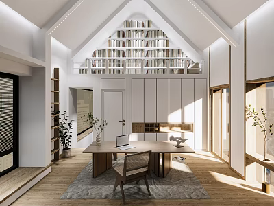Minimalist Study Room Interior With Open Bookshelves Wooden Desk Laptop And Natural Light 3d model