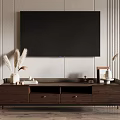 Modern Minimalist TV Stand With Mounted TV Pampas Grass Decor And Wooden Storage