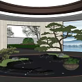 Modern Courtyard Garden Design with Circular Pond Bonsai Pine Trees Curved Ceiling and Mountain Landscape