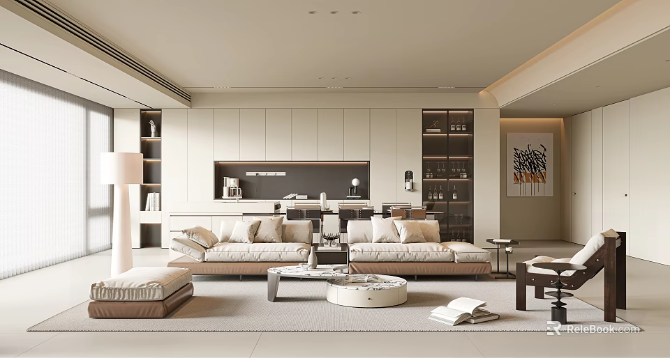 Modern Living And Dining Room Interior Design With Sofa Coffee Table And Dining Chairs 3d model 