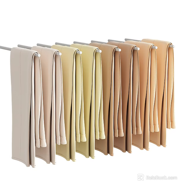 Various Neutral Colored Pants Hanging On Hangers Neatly Arranged In A Row 3d model 