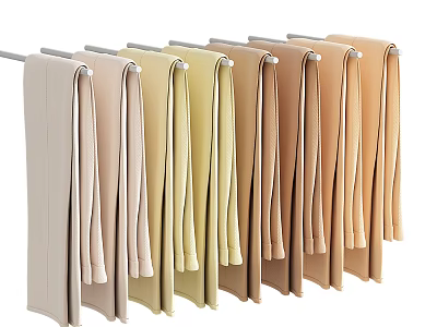 Various Neutral Colored Pants Hanging On Hangers Neatly Arranged In A Row 3d model