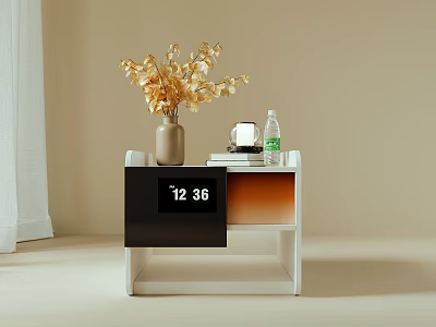 Modern White Bedside Table With Dried Flower Vase Table Lamp And Clock 3d model
