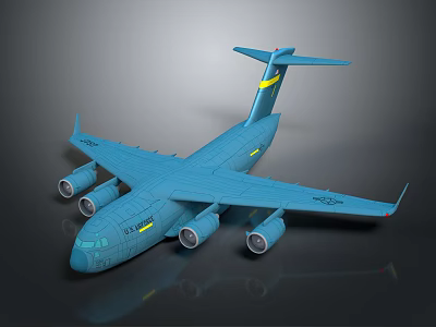 Blue Passenger Airplane With Four Engines And Yellow Stripe On Tail 3d model