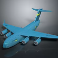 Blue Passenger Airplane With Four Engines And Yellow Stripe On Tail