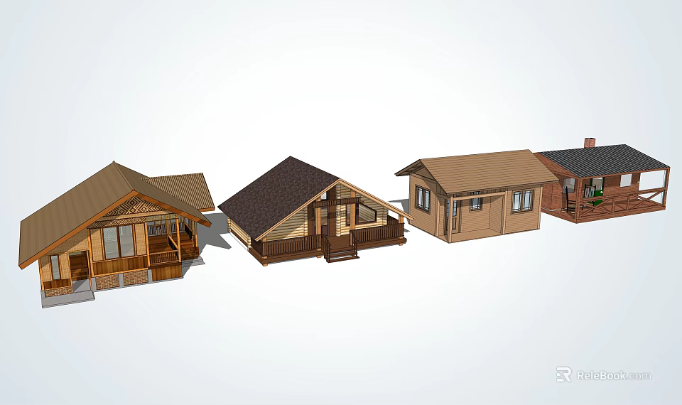 Various Wooden House Exterior Designs With Porch Different Roofs And Windows 3d model 