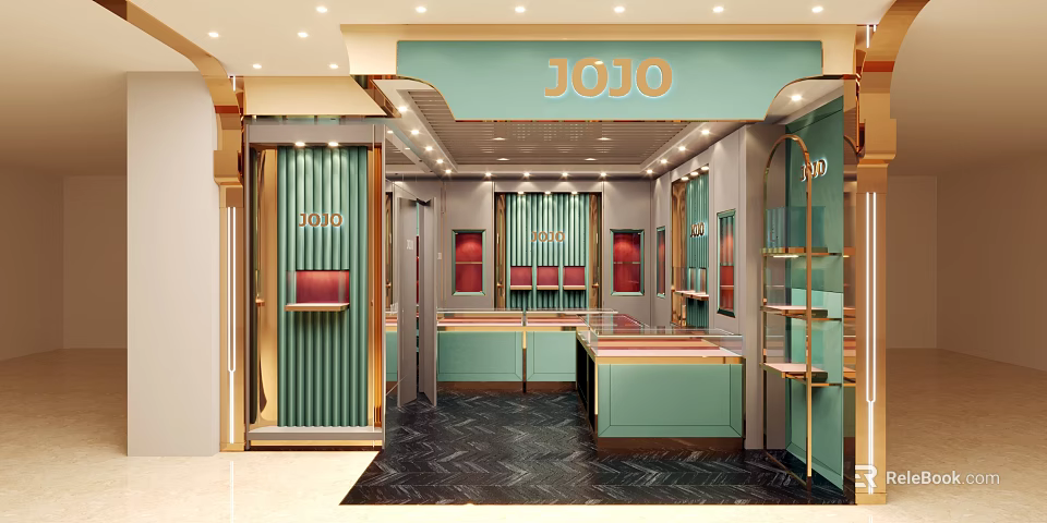 Elegant JOJO Jewelry Store Interior Design With Teal Gold Display Counters And Shelves 3d model 