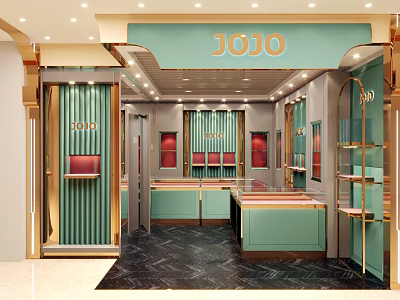 Elegant JOJO Jewelry Store Interior Design With Teal Gold Display Counters And Shelves 3d model