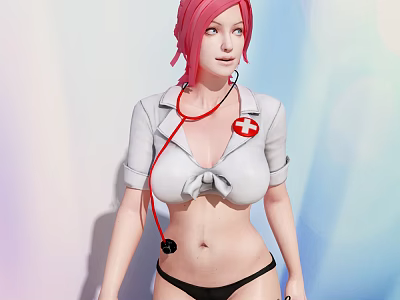 Woman in White Nurse Uniform With Pink Hair Red Cross Stethoscope and Black Underwear 3d model