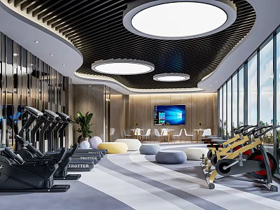 Modern Fitness Gym With Elliptical Machines Spin Bikes Large Windows Wooden Walls Round Ceiling Lights 3d model