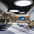 Modern Fitness Gym With Elliptical Machines Spin Bikes Large Windows Wooden Walls Round Ceiling Lights