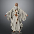 Man In White Robes With Brown Belt White Hair Long Beard Arms Outstretched Gray Background
