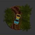 Blue Car Parked On Dirt Path Among Pine Trees And Green Grass