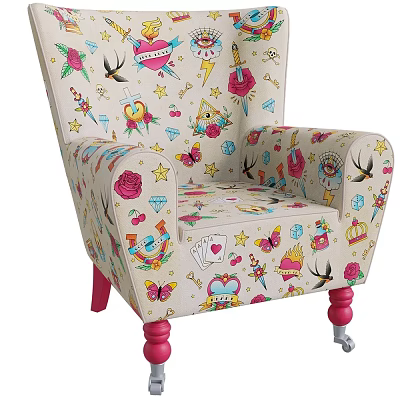 Cute Single Seater Sofa With Colorful Cartoon Motifs Floral Prints And Pink Legs 3d model