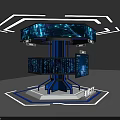 Futuristic Data City Display Island with Multiple Screens Blue Lighting and Geometric Frames 3d model