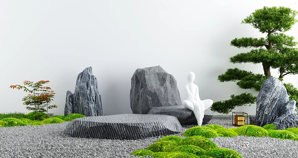 Zen Courtyard Garden with Gray Stones White Statue Green Moss Pine Trees and Gravel 3d model 