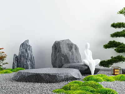 Zen Courtyard Garden with Gray Stones White Statue Green Moss Pine Trees and Gravel 3d model