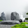 Zen Courtyard Garden with Gray Stones White Statue Green Moss Pine Trees and Gravel