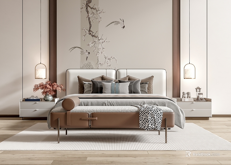 Modern Double Bed With Floral Bird Headboard Nightstands Lamps Vase Bench And Warm Tones Bedroom 3d model 
