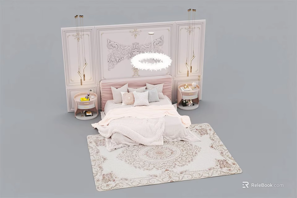 Elegant Pink Double Bed Interior With Decorative Wall Crystal Chandelier Bedside Tables And Patterned Rug 3d model 