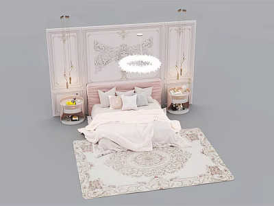 Elegant Pink Double Bed Interior With Decorative Wall Crystal Chandelier Bedside Tables And Patterned Rug 3d model
