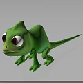 Cute Green Cartoon Chameleon Character With Big Eyes And 3D Model Design
