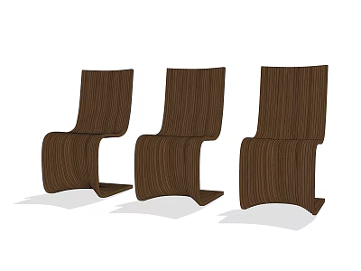 Three Modern Wooden Dining Chairs with Curved Backrest and Seat Design in Dark Brown Texture 3d model