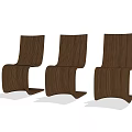 Three Modern Wooden Dining Chairs with Curved Backrest and Seat Design in Dark Brown Texture