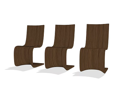 Three Modern Wooden Dining Chairs with Curved Backrest and Seat Design in Dark Brown Texture 3d model