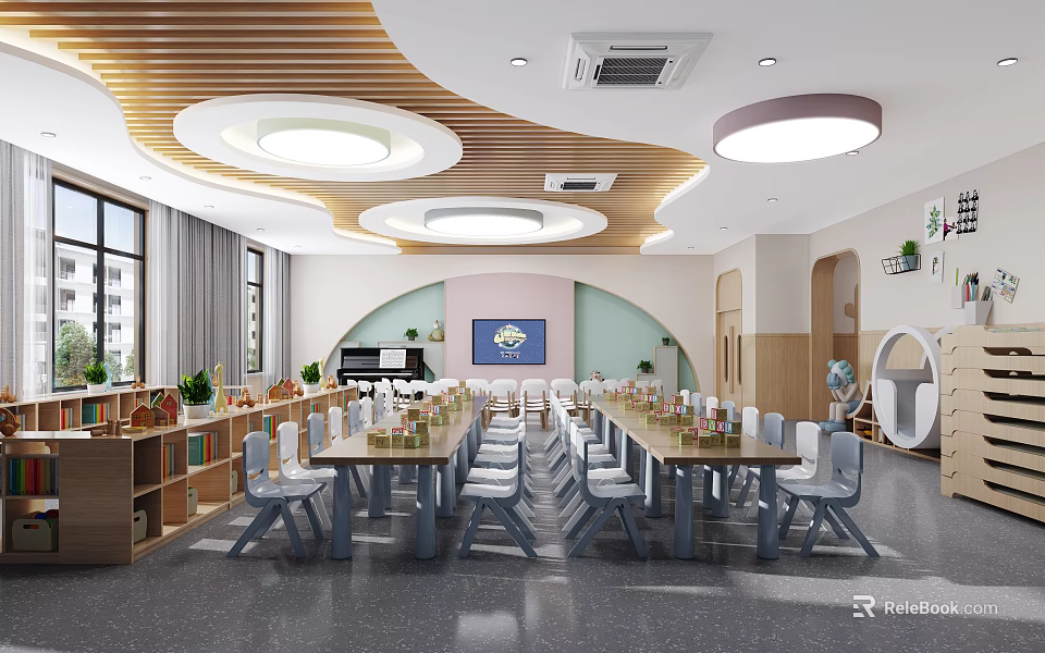 Kindergarten Classroom Interior With Wooden Ceiling Circular Lights Tables Chairs And Bookshelves 3d model 