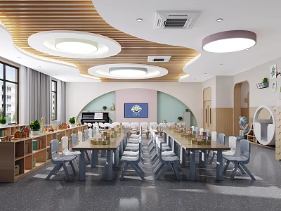 Kindergarten Classroom Interior With Wooden Ceiling Circular Lights Tables Chairs And Bookshelves 3d model