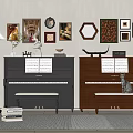 Modern Interior With Black Brown Pianos And Various Shaped Framed Paintings On Wall