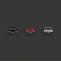 Three Small Car Models in Black Red White Colors Displayed on Shiny Reflective Surface