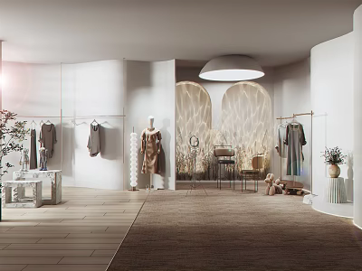 Modern Clothing Store Interior With Mannequins Clothing Racks Decorative Lighting Wooden Flooring 3d model