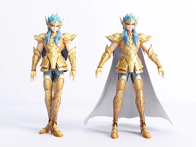 Two Different Character Figures In Golden Armor With Blue Hair Helmet And Cloak 3d model