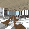Modern Sales Office Interior With Floor to Ceiling Windows Light Colored Tables Chairs Digital