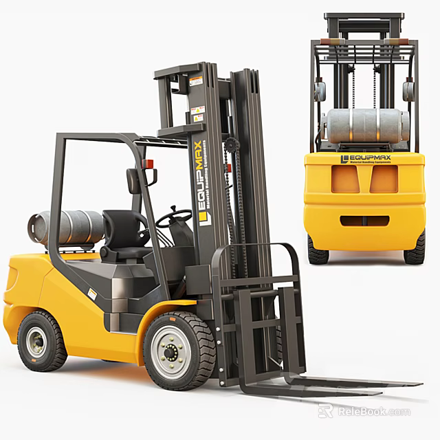 Yellow Heavy Duty Industrial Forklift Front And Rear View With Lifting Mechanism For Cargo Handling 3d model 