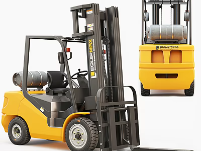 Yellow Heavy Duty Industrial Forklift Front And Rear View With Lifting Mechanism For Cargo Handling 3d model