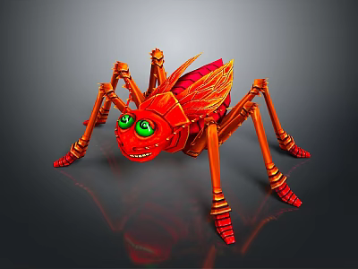 Red Insect Creature with Green Eyes Wings and Multiple Legs 3d model
