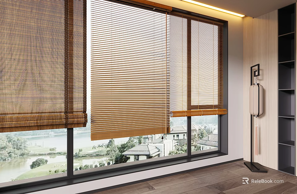 Contemporary Window Curtains Featuring Bamboo Blinds Sheer Panels And Scenic Outdoor View 3d model 