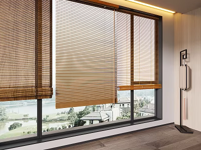 Contemporary Window Curtains Featuring Bamboo Blinds Sheer Panels And Scenic Outdoor View 3d model