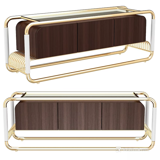 Elegant Modern Sideboard Featuring Gold Metal Frame And Wooden Storage Panels 3d model 