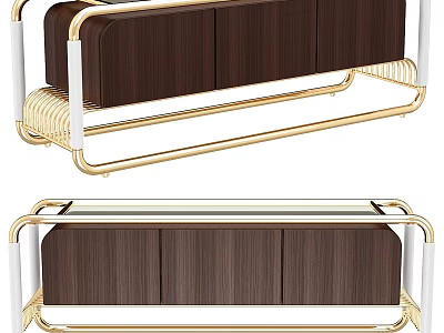 Elegant Modern Sideboard Featuring Gold Metal Frame And Wooden Storage Panels 3d model