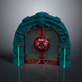 Mythical Style Arched Door With Green Ornate Carvings Red Panels And Circular Center