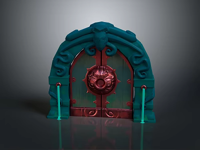Mythical Style Arched Door With Green Ornate Carvings Red Panels And Circular Center 3d model